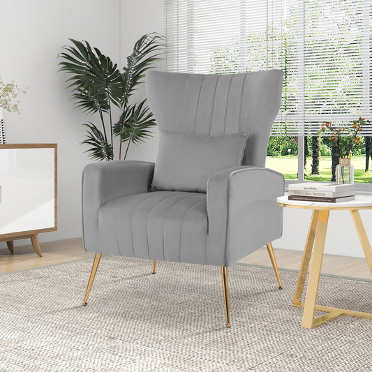 Contemporary Velvet Accent Chair with Winged Backrest and Gold Legs in Grey
