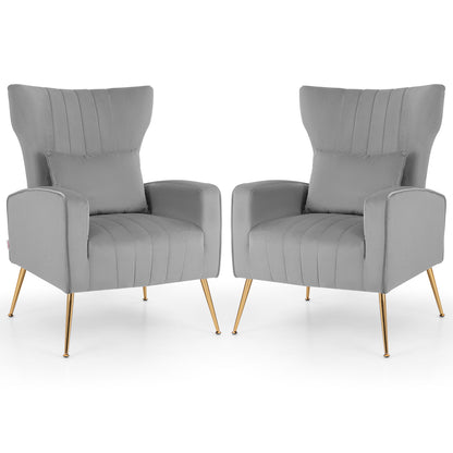 Contemporary Velvet Accent Chair with Winged Backrest and Gold Legs in Grey
