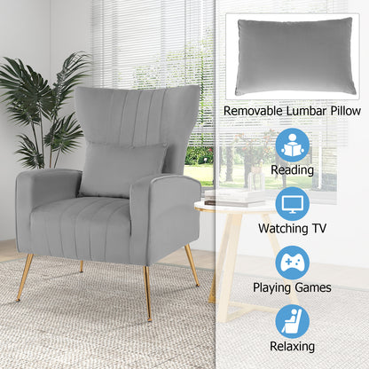 Contemporary Velvet Accent Chair with Winged Backrest and Gold Legs in Grey