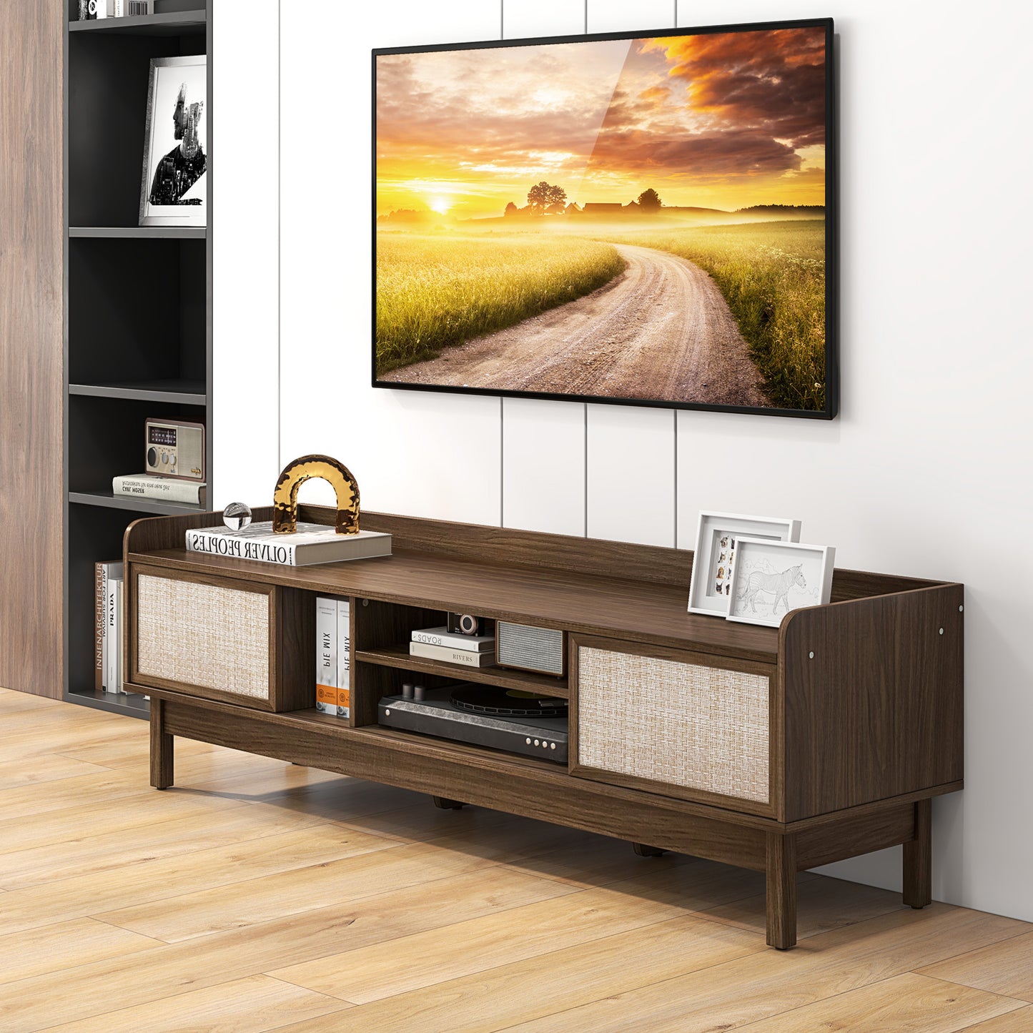Modern Sliding Door TV Console with Woven Doors for TVs up to 65 Inches