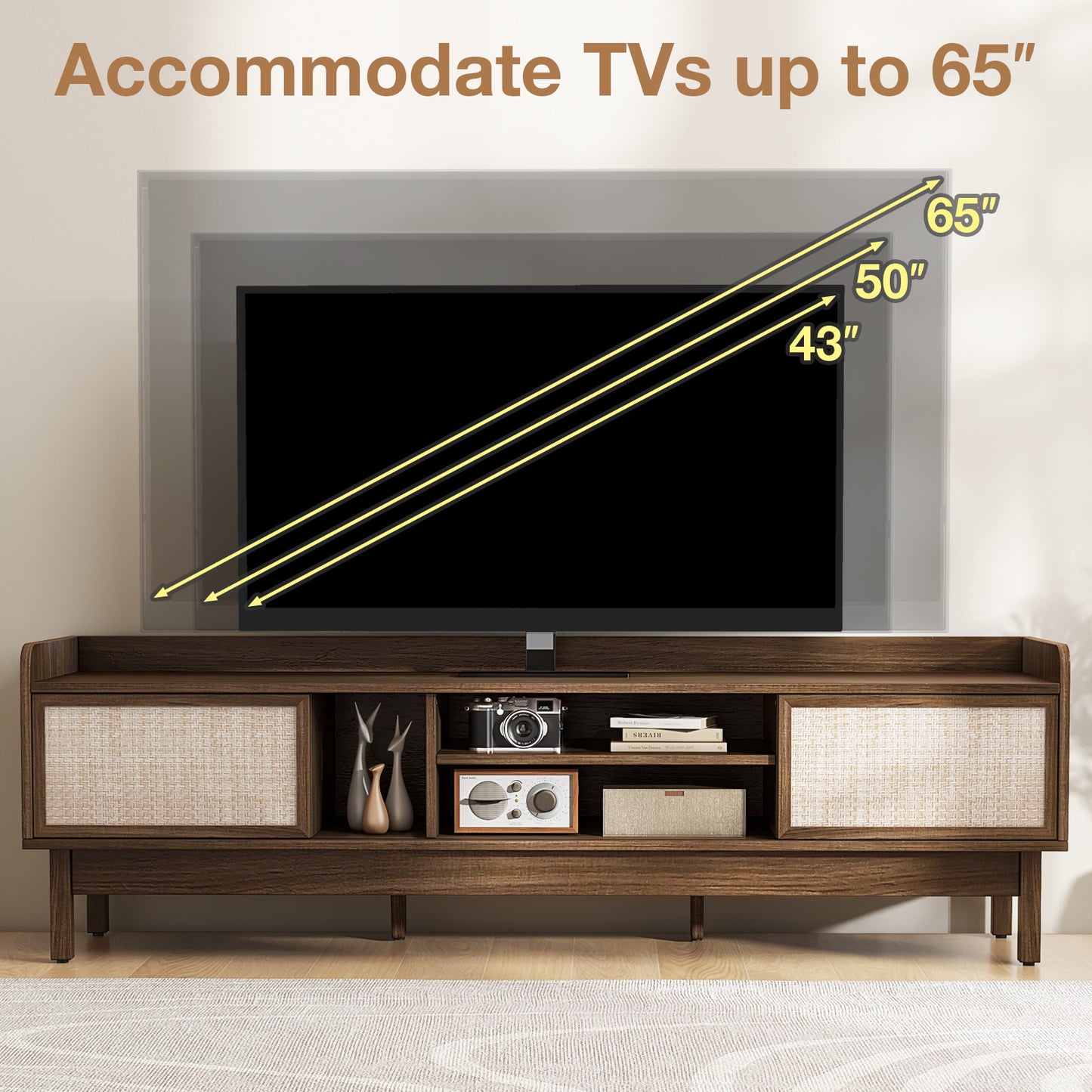 Modern Sliding Door TV Console with Woven Doors for TVs up to 65 Inches