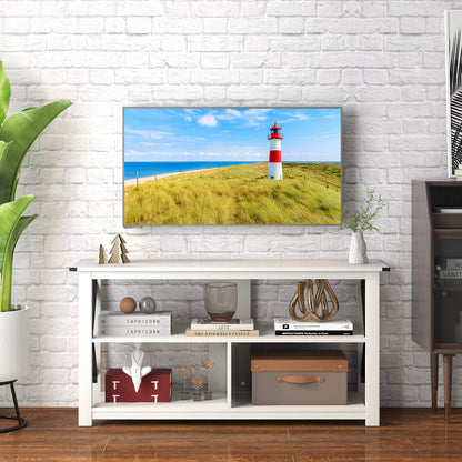 3 Tier Wooden TV Stand with Open Storage and Metal Frame for TVs up to 55 Inches - White