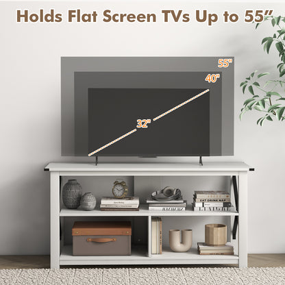 3 Tier Wooden TV Stand with Open Storage and Metal Frame for TVs up to 55 Inches - White