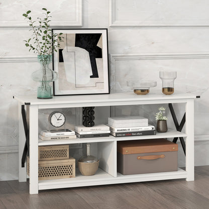 3 Tier Wooden TV Stand with Open Storage and Metal Frame for TVs up to 55 Inches - White