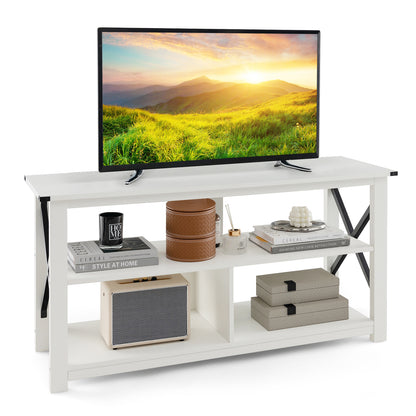 3 Tier Wooden TV Stand with Open Storage and Metal Frame for TVs up to 55 Inches - White