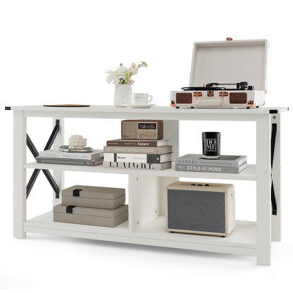 3 Tier Wooden TV Stand with Open Storage and Metal Frame for TVs up to 55 Inches - White