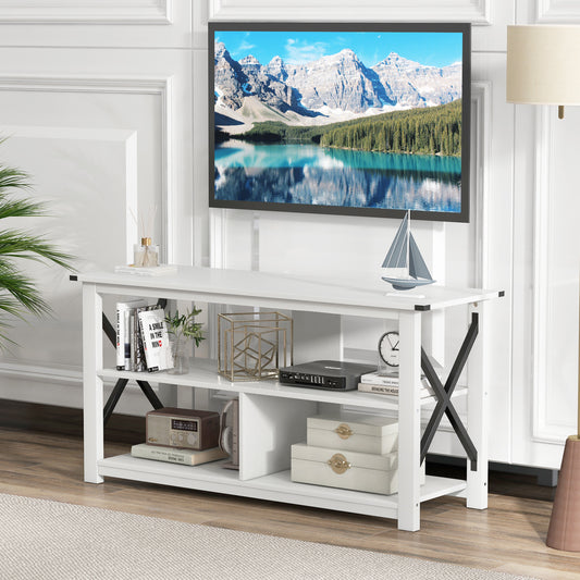 3 Tier Wooden TV Stand with Open Storage and Metal Frame for TVs up to 55 Inches - White