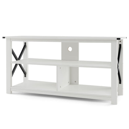 3 Tier Wooden TV Stand with Open Storage and Metal Frame for TVs up to 55 Inches - White