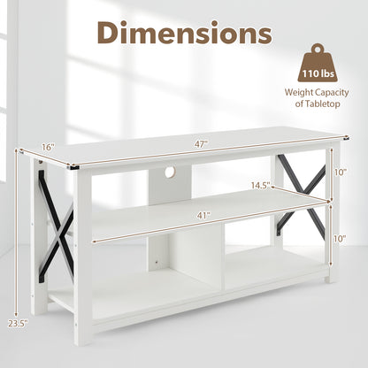 3 Tier Wooden TV Stand with Open Storage and Metal Frame for TVs up to 55 Inches - White