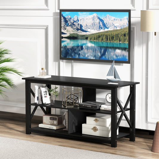 3 Tier Wooden TV Stand with Open Storage and Metal Frame for TVs up to 55 Inches - Black