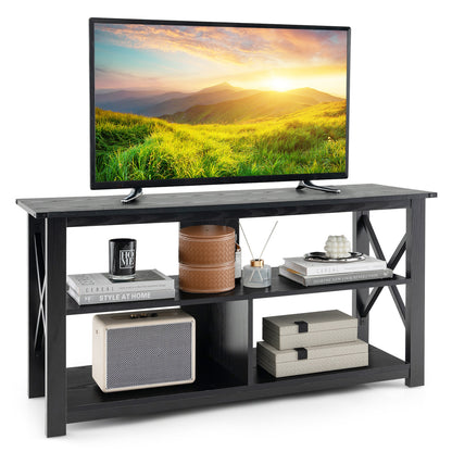 3 Tier Wooden TV Stand with Open Storage and Metal Frame for TVs up to 55 Inches - Black