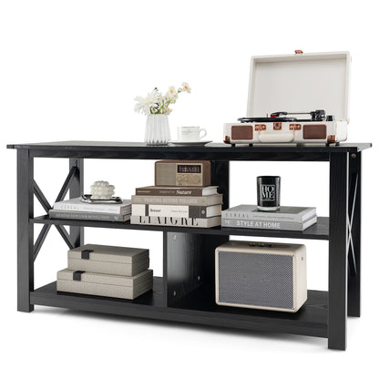 3 Tier Wooden TV Stand with Open Storage and Metal Frame for TVs up to 55 Inches - Black