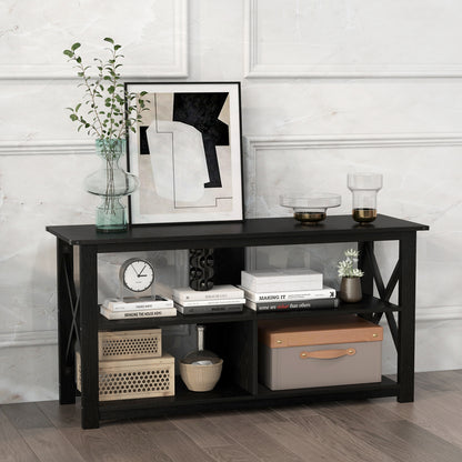 3 Tier Wooden TV Stand with Open Storage and Metal Frame for TVs up to 55 Inches - Black