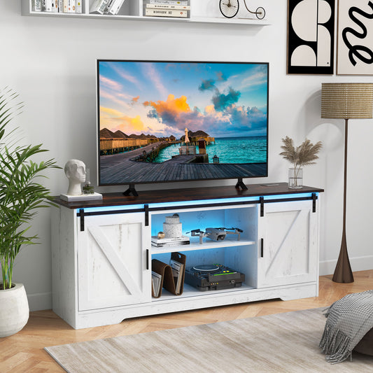 TV Console Table with LED Lights and Sliding Barn Doors for TVs up to 65 Inches – White