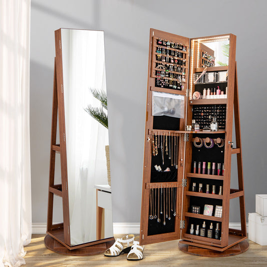 360° Rotating Jewelry Armoire with LED Mirror and Lockable Storage – Dark Brown