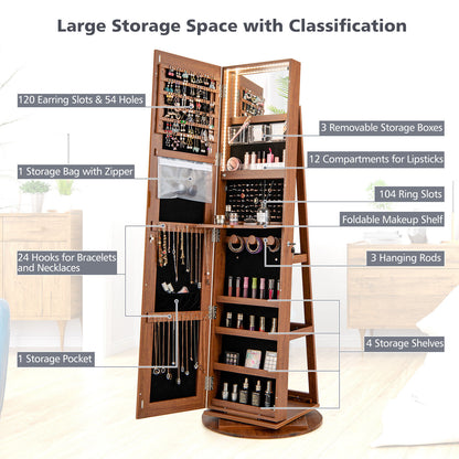 360° Rotating Jewelry Armoire with LED Mirror and Lockable Storage – Dark Brown