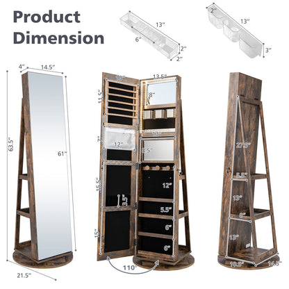 360° Rotating Jewelry Armoire with LED Mirror and Lockable Storage – Brown