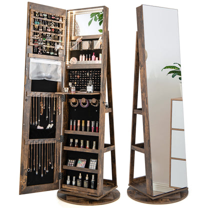 360° Rotating Jewelry Armoire with LED Mirror and Lockable Storage – Brown