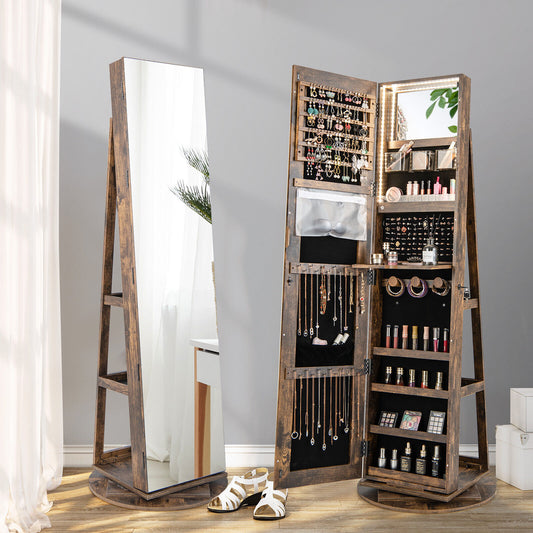 360° Rotating Jewelry Armoire with LED Mirror and Lockable Storage – Brown