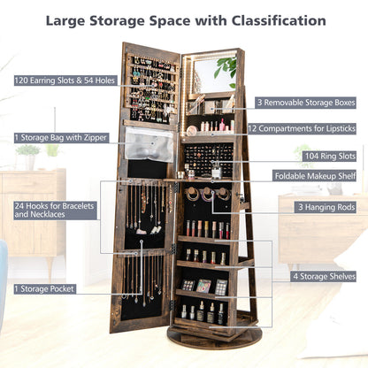 360° Rotating Jewelry Armoire with LED Mirror and Lockable Storage – Brown
