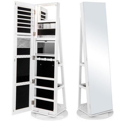 360° Rotating Jewelry Armoire with LED Mirror and Lockable Storage – White