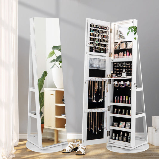 360° Rotating Jewelry Armoire with LED Mirror and Lockable Storage – White