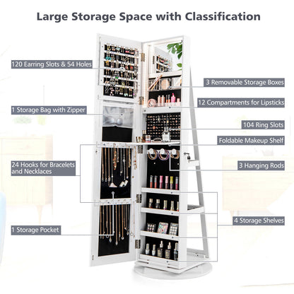 360° Rotating Jewelry Armoire with LED Mirror and Lockable Storage – White