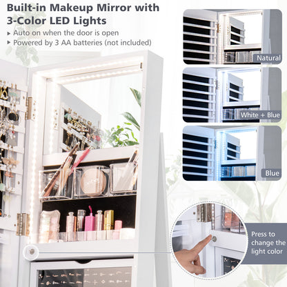 360° Rotating Jewelry Armoire with LED Mirror and Lockable Storage – White