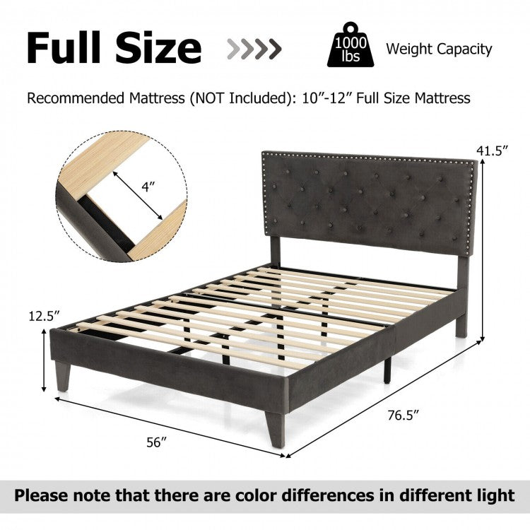 Upholstered Platform Bed with Luxurious Velvet Tufted Headboard – Full/Queen Size