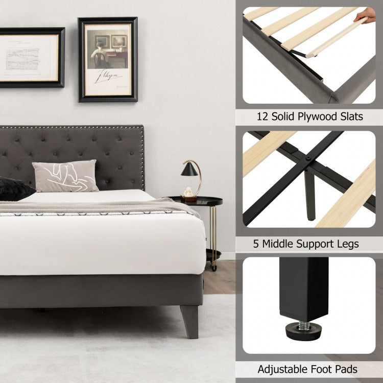 Upholstered Platform Bed with Luxurious Velvet Tufted Headboard – Full/Queen Size