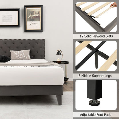 Upholstered Platform Bed with Luxurious Velvet Tufted Headboard – Full/Queen Size