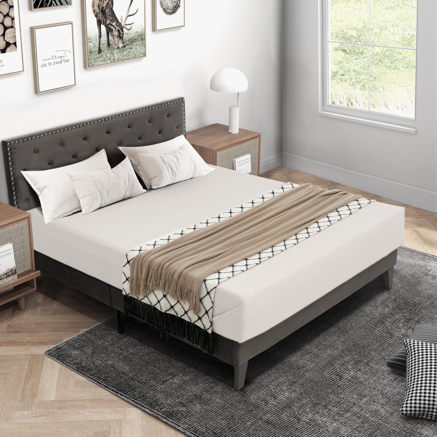 Upholstered Platform Bed with Luxurious Velvet Tufted Headboard – Full/Queen Size