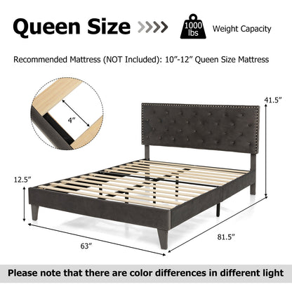 Upholstered Platform Bed with Luxurious Velvet Tufted Headboard – Full/Queen Size