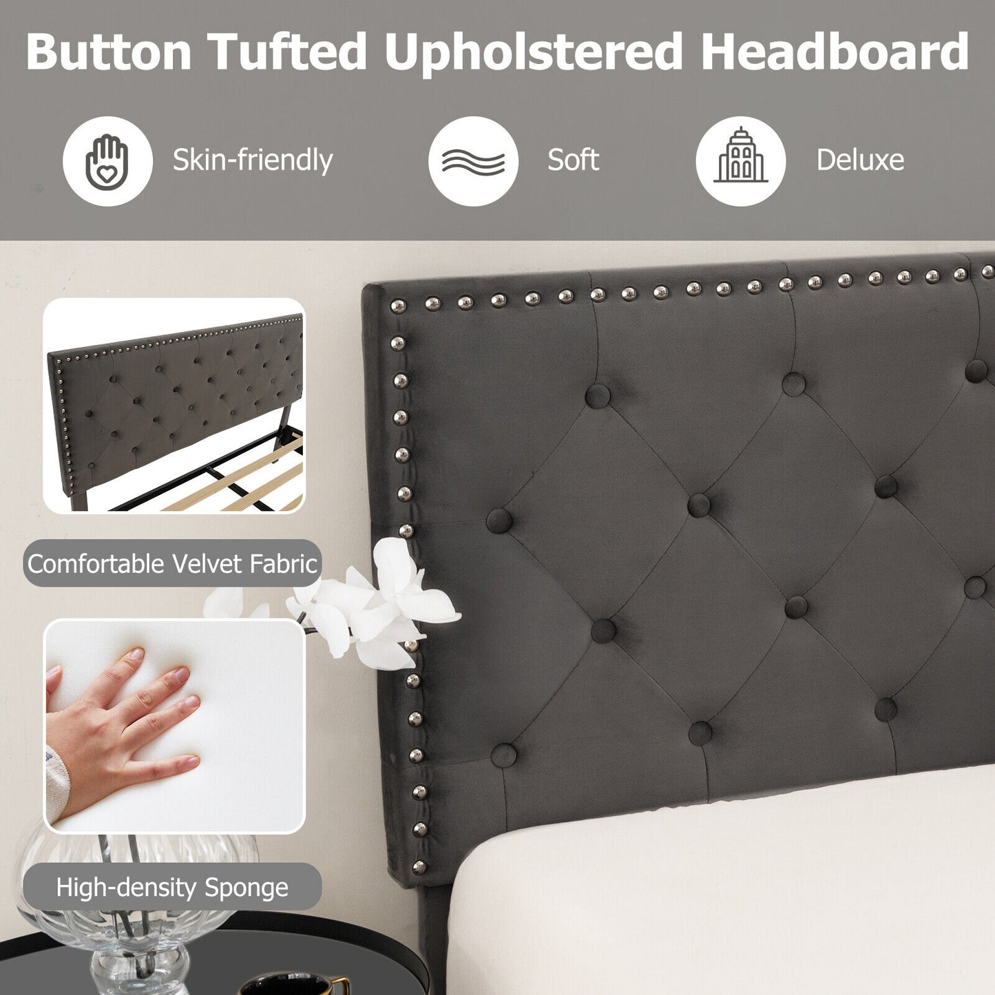 Upholstered Platform Bed with Luxurious Velvet Tufted Headboard – Full/Queen Size