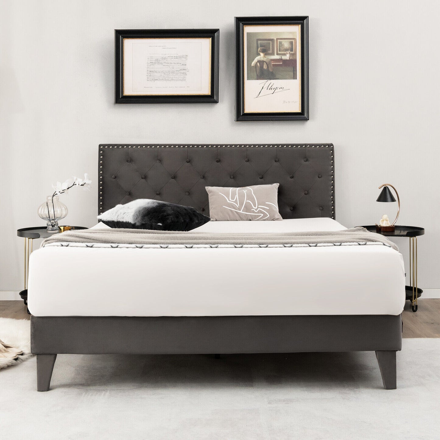 Upholstered Platform Bed with Luxurious Velvet Tufted Headboard – Full/Queen Size