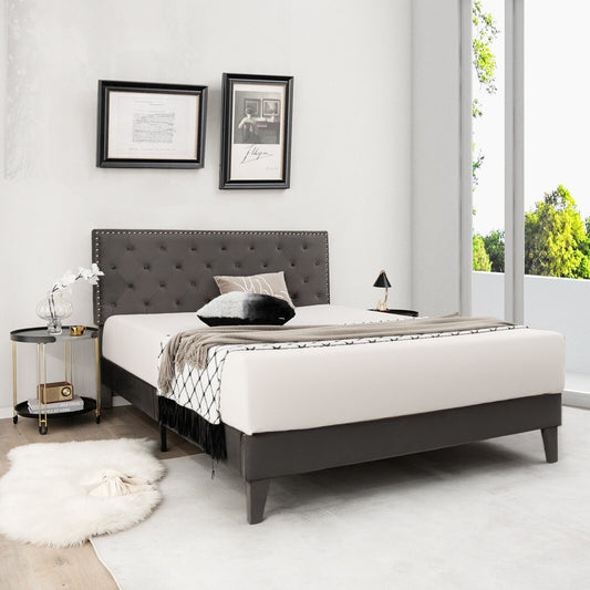 Upholstered Platform Bed with Luxurious Velvet Tufted Headboard – Full/Queen Size
