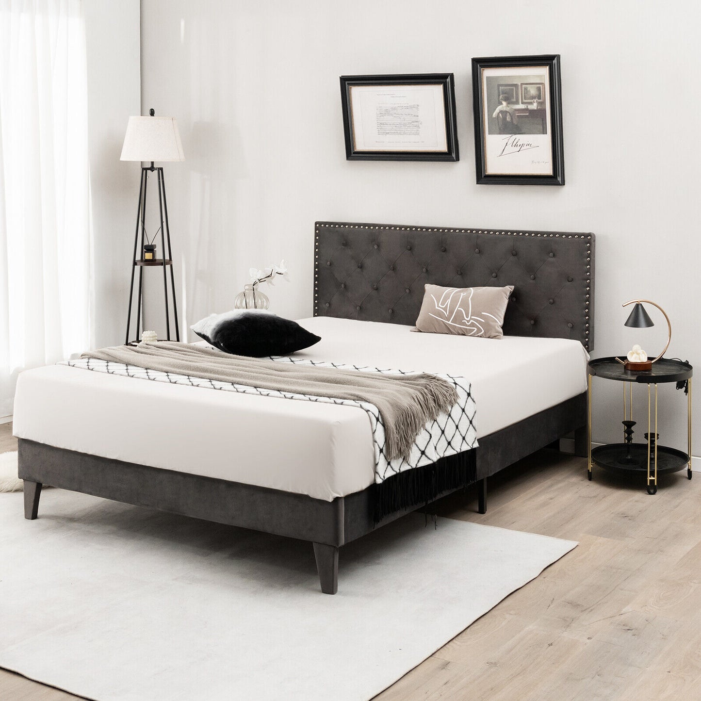 Upholstered Platform Bed with Luxurious Velvet Tufted Headboard – Full/Queen Size
