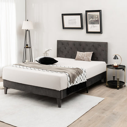 Upholstered Platform Bed with Luxurious Velvet Tufted Headboard – Full/Queen Size