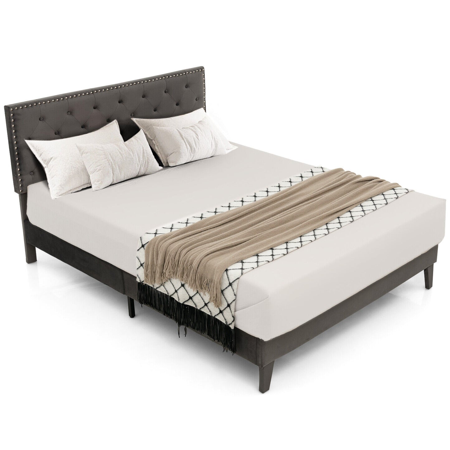 Upholstered Platform Bed with Luxurious Velvet Tufted Headboard – Full/Queen Size