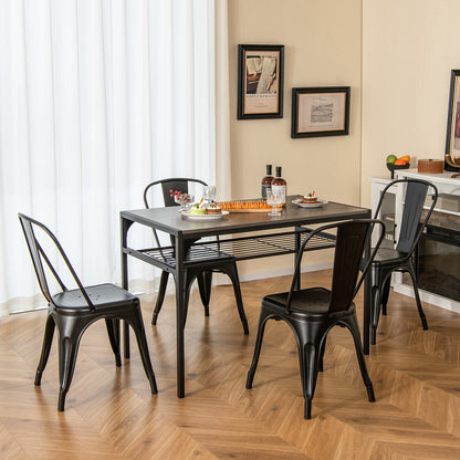Set of 4 Stackable Metal Dining Chairs with Ergonomic Backrest - Black