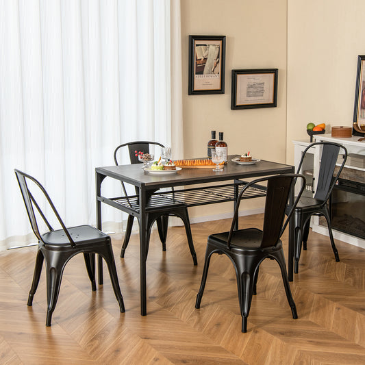 Set of 4 Stackable Metal Dining Chairs with Ergonomic Backrest - Black