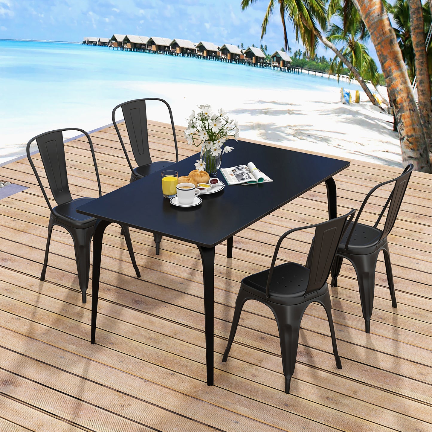 Set of 4 Stackable Metal Dining Chairs with Ergonomic Backrest - Black
