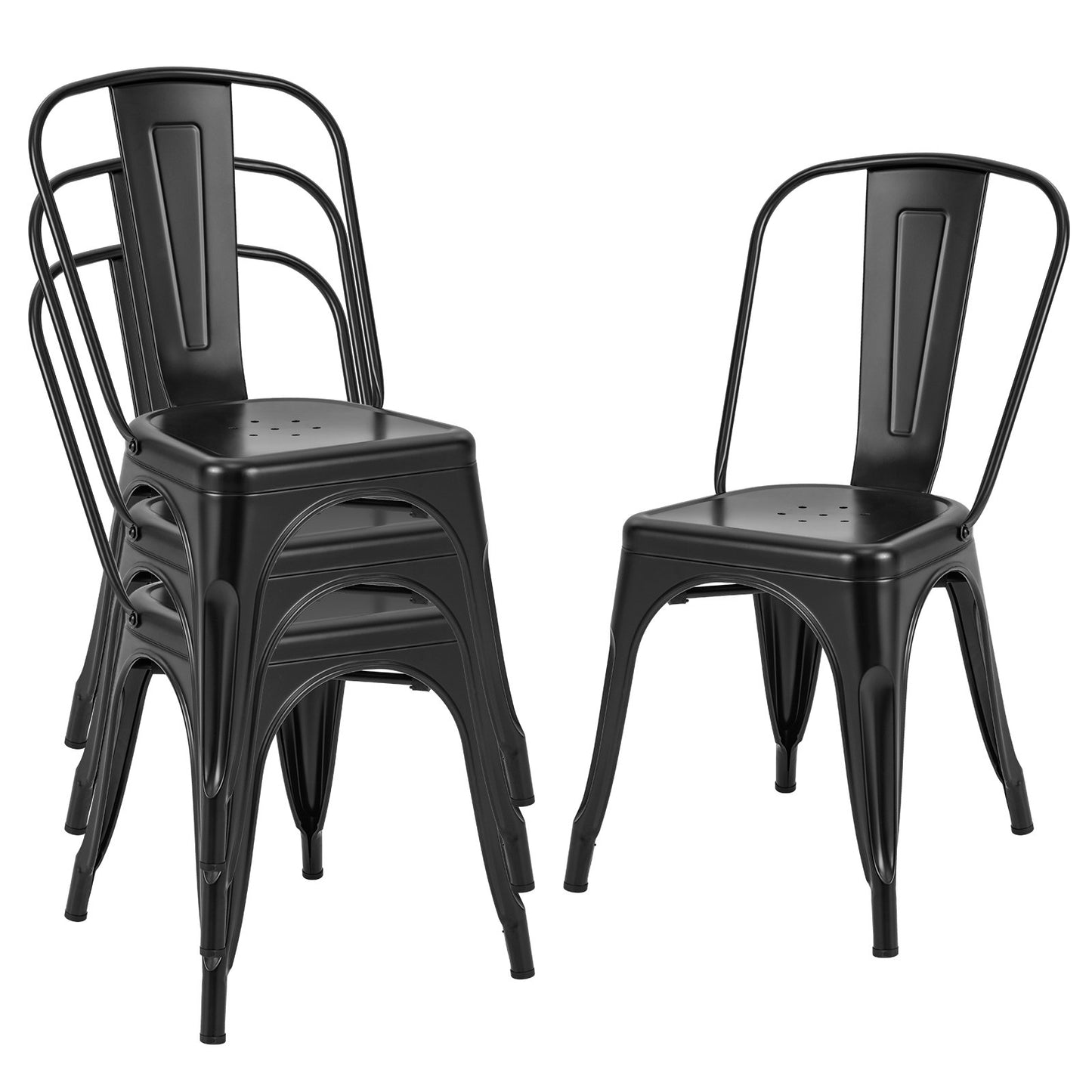 Set of 4 Stackable Metal Dining Chairs with Ergonomic Backrest - Black