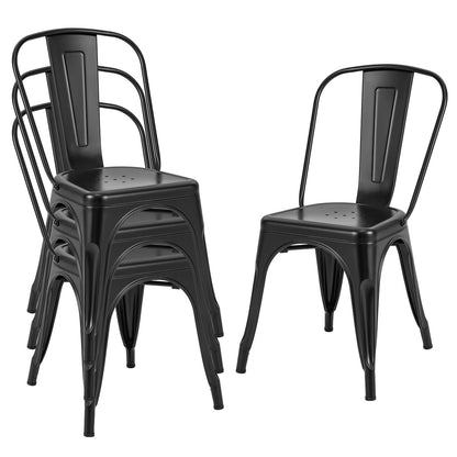 Set of 4 Stackable Metal Dining Chairs with Ergonomic Backrest - Black