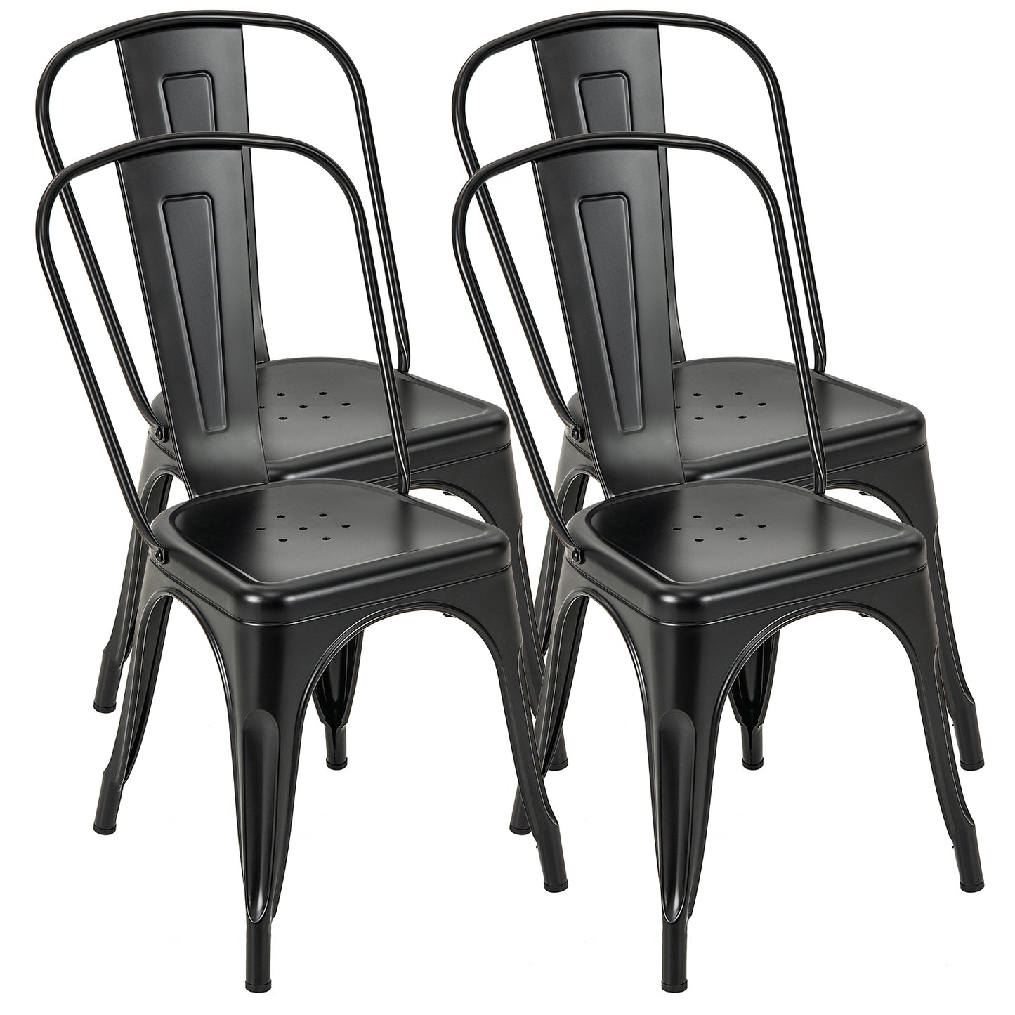 Set of 4 Stackable Metal Dining Chairs with Ergonomic Backrest - Black