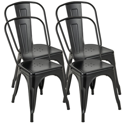Set of 4 Stackable Metal Dining Chairs with Ergonomic Backrest - Black