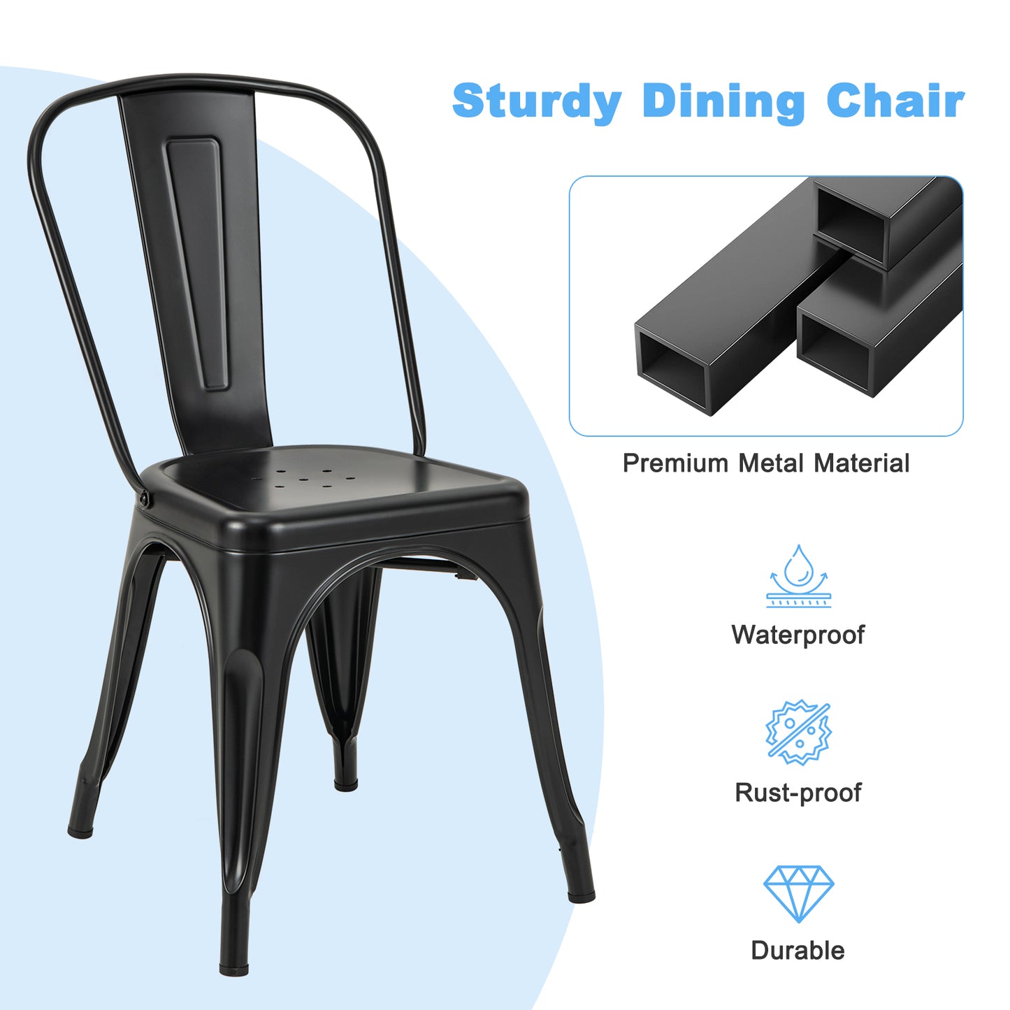 Set of 4 Stackable Metal Dining Chairs with Ergonomic Backrest - Black
