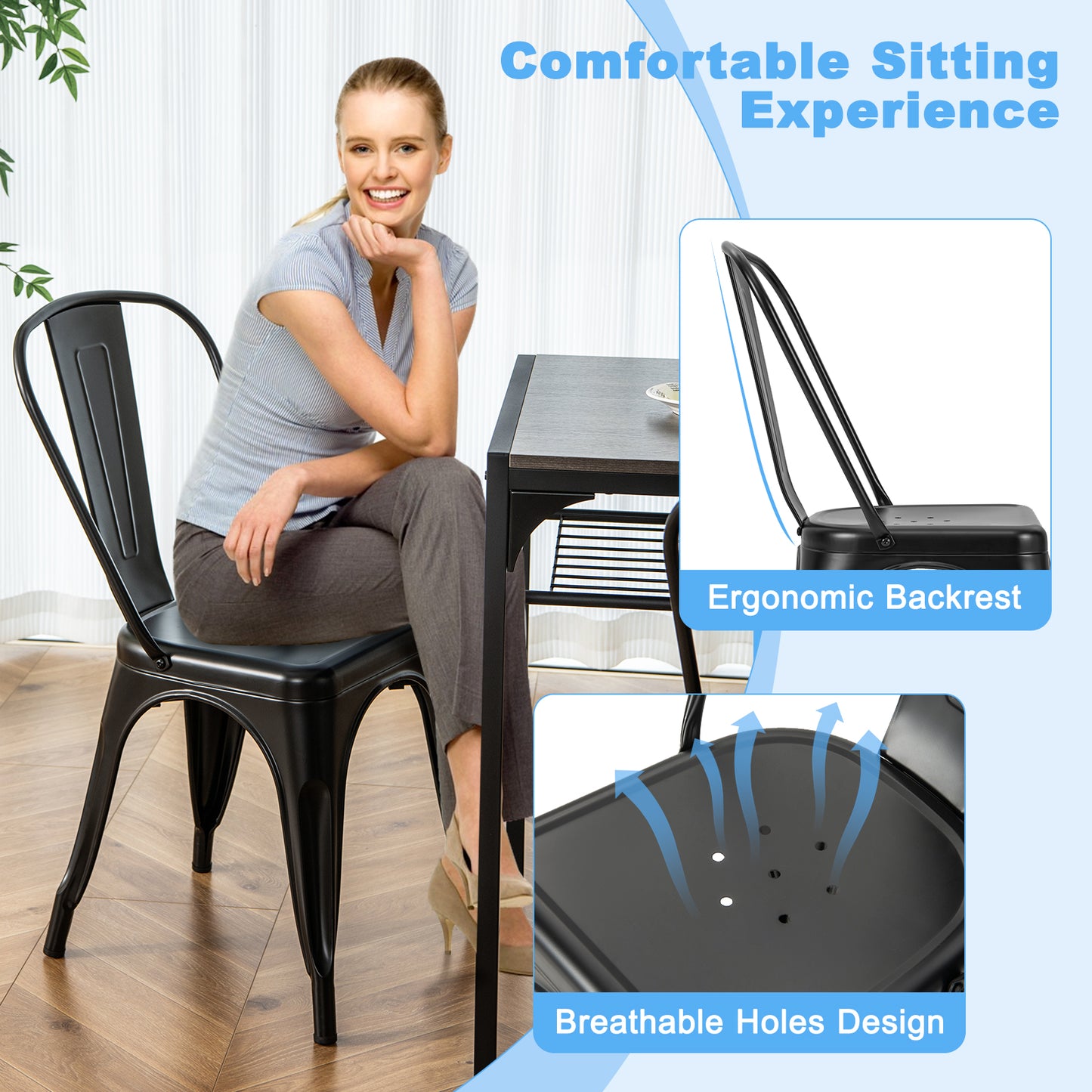 Set of 4 Stackable Metal Dining Chairs with Ergonomic Backrest - Black