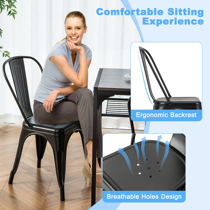Set of 4 Stackable Metal Dining Chairs with Ergonomic Backrest - Black