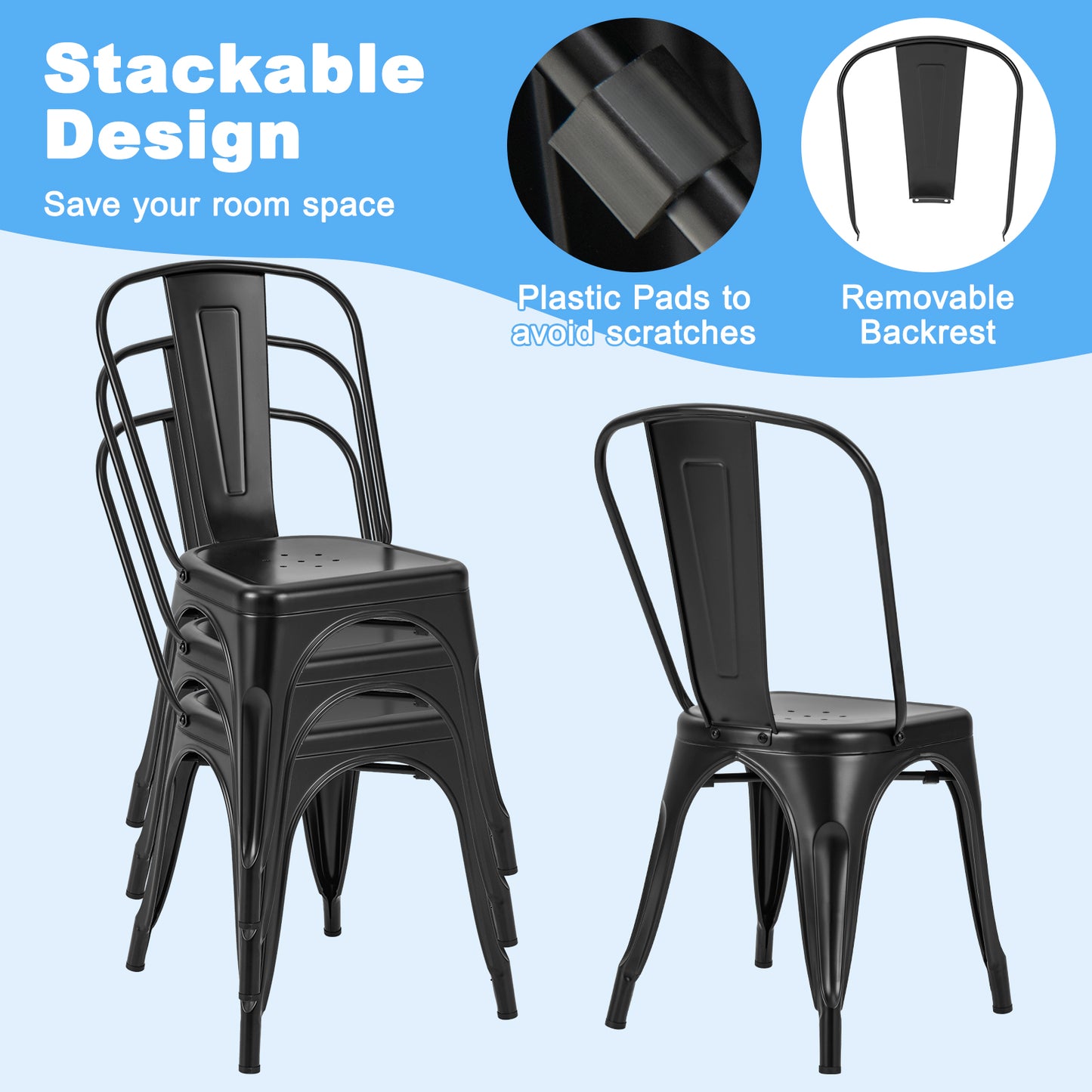 Set of 4 Stackable Metal Dining Chairs with Ergonomic Backrest - Black